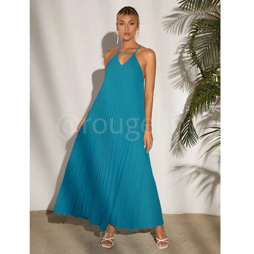 Blue Pleated A-Line Maxi Dress Criss Cross Back Straps - Picture 2 of 8